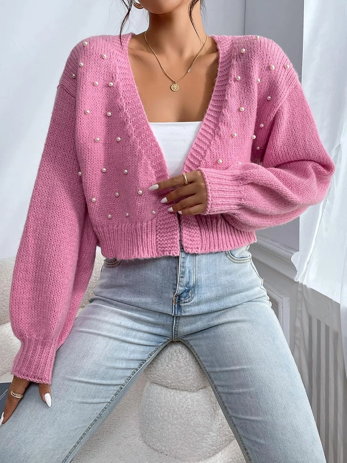 GORGLITTER Women's Faux Pearl Cute Cropped Cardigan Sweater Knit Open Front Drop Shoulder Outwear
