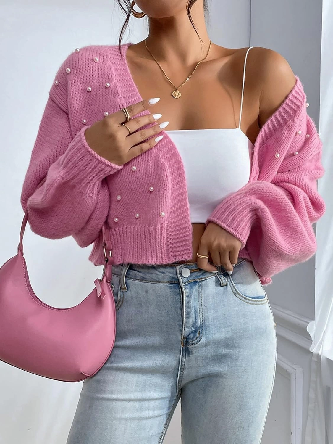 GORGLITTER Women's Faux Pearl Cute Cropped Cardigan Sweater Knit Open Front Drop Shoulder Outwear