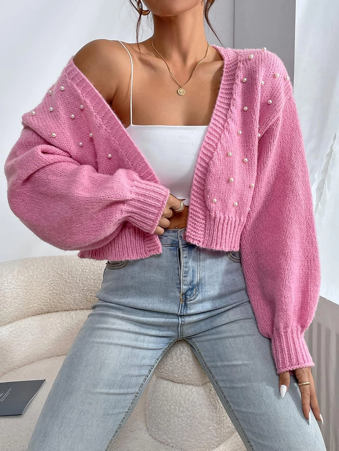 GORGLITTER Women's Faux Pearl Cute Cropped Cardigan Sweater Knit Open Front Drop Shoulder Outwear