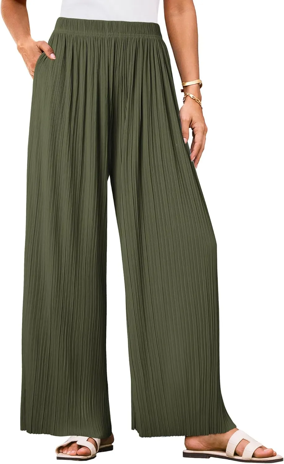 GRACE KARIN Women Wide Leg Pants Pleated Work Dress Pants Elastic Waisted Pull on Business Casual Trousers with Pockets