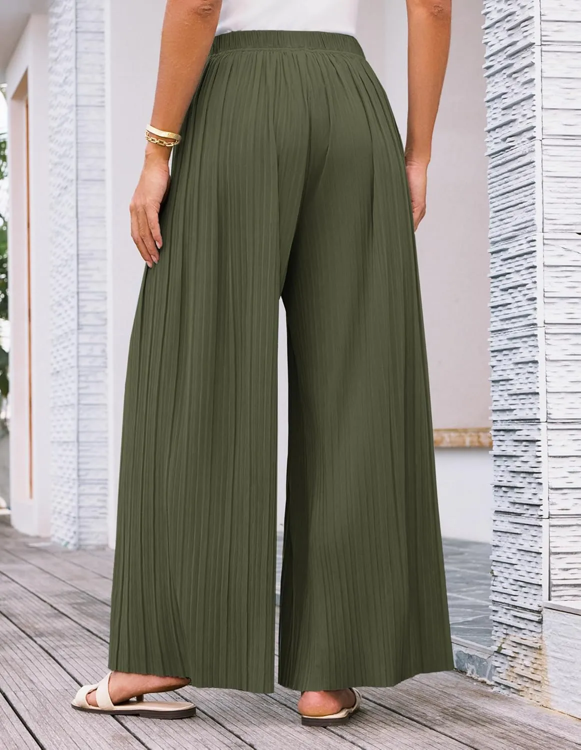 GRACE KARIN Women Wide Leg Pants Pleated Work Dress Pants Elastic Waisted Pull on Business Casual Trousers with Pockets