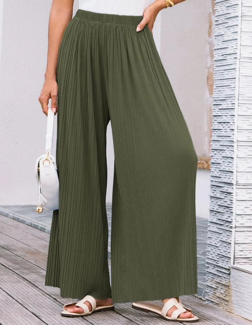 GRACE KARIN Women Wide Leg Pants Pleated Work Dress Pants Elastic Waisted Pull on Business Casual Trousers with Pockets