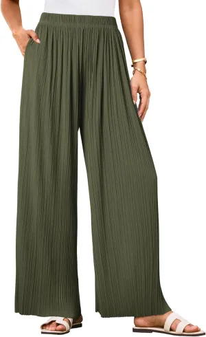 GRACE KARIN Women Wide Leg Pants Pleated Work Dress Pants Elastic Waisted Pull on Business Casual Trousers with Pockets