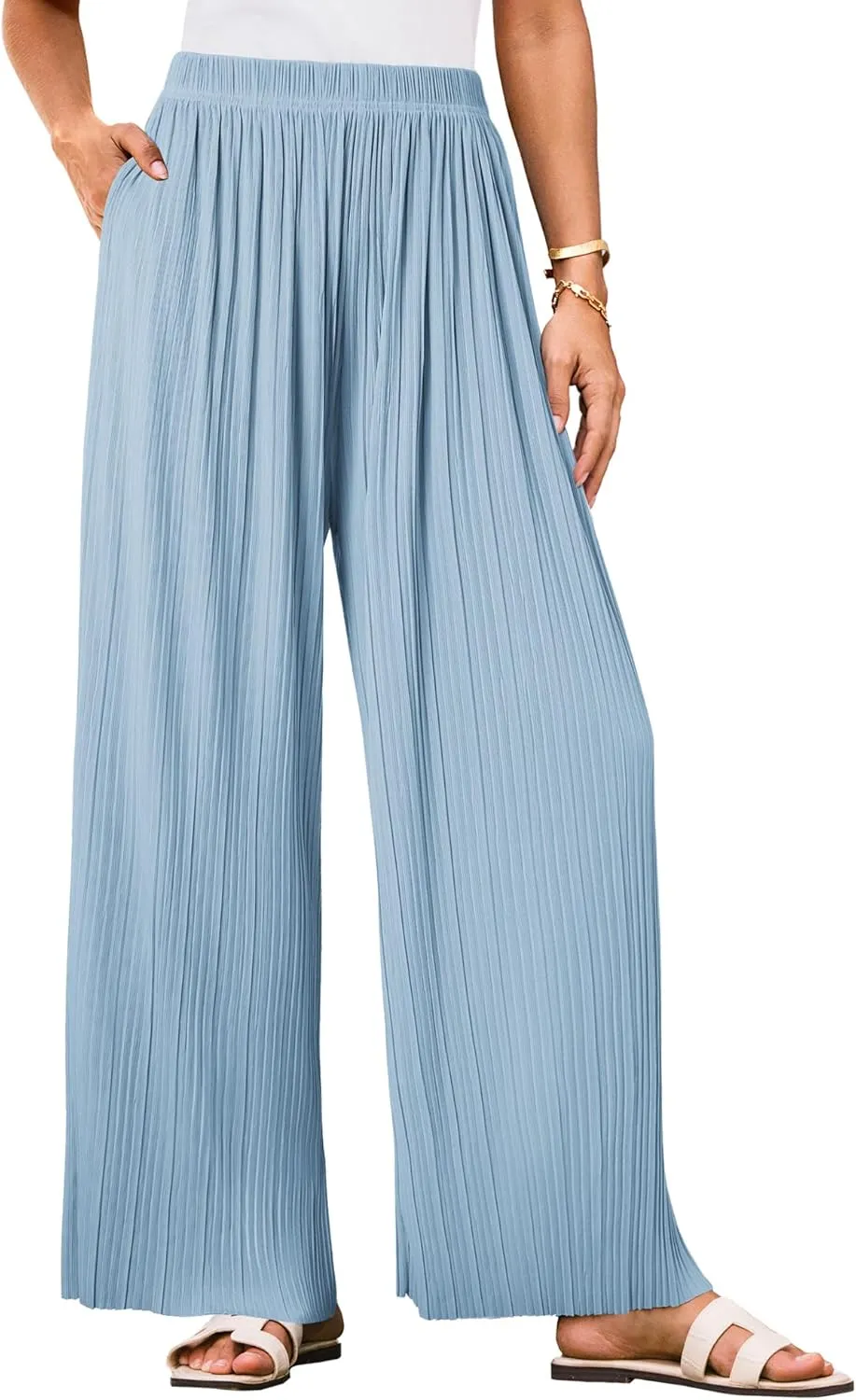 GRACE KARIN Women Wide Leg Pants Pleated Work Dress Pants Elastic Waisted Pull on Business Casual Trousers with Pockets