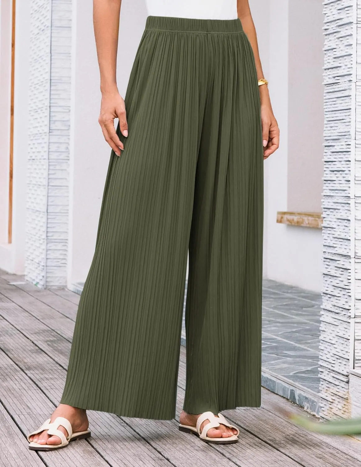 GRACE KARIN Women Wide Leg Pants Pleated Work Dress Pants Elastic Waisted Pull on Business Casual Trousers with Pockets