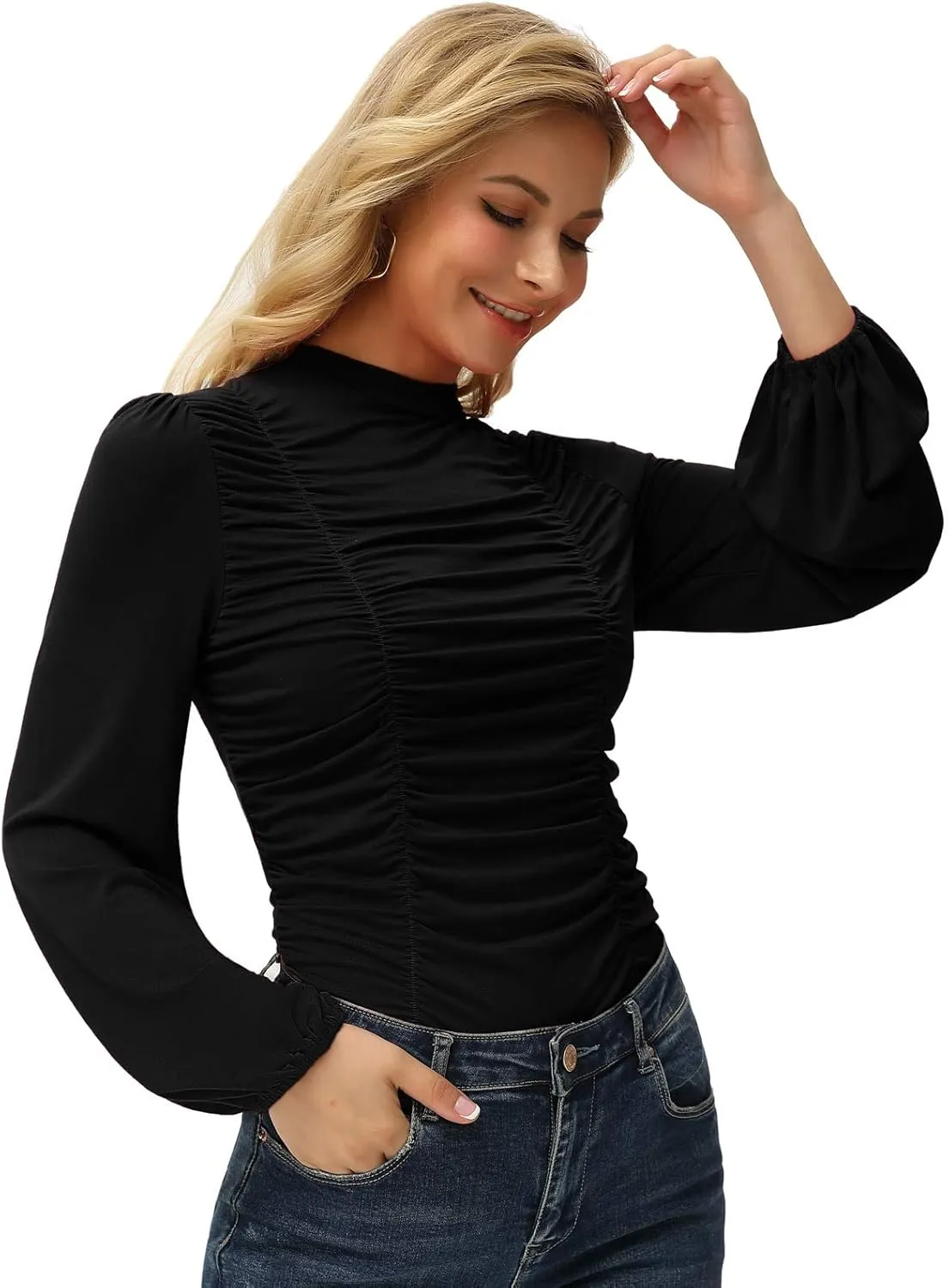 GRACE KARIN Womens Long Lantern Sleeve High-Neck Ruched Front Fitted Blouse