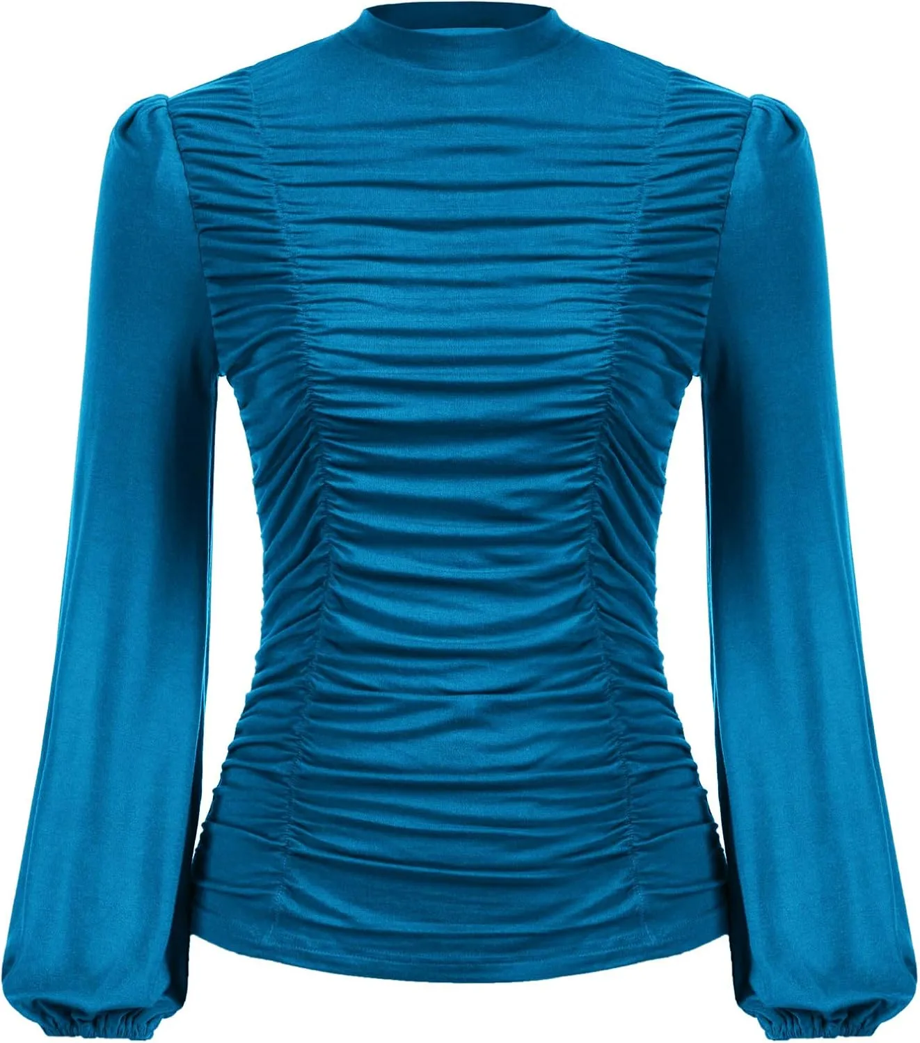 GRACE KARIN Womens Long Lantern Sleeve High-Neck Ruched Front Fitted Blouse