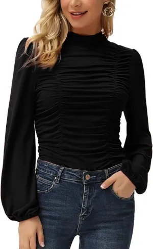 GRACE KARIN Womens Long Lantern Sleeve High-Neck Ruched Front Fitted Blouse