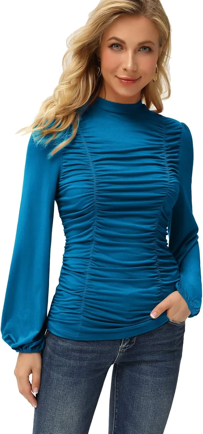 GRACE KARIN Womens Long Lantern Sleeve High-Neck Ruched Front Fitted Blouse