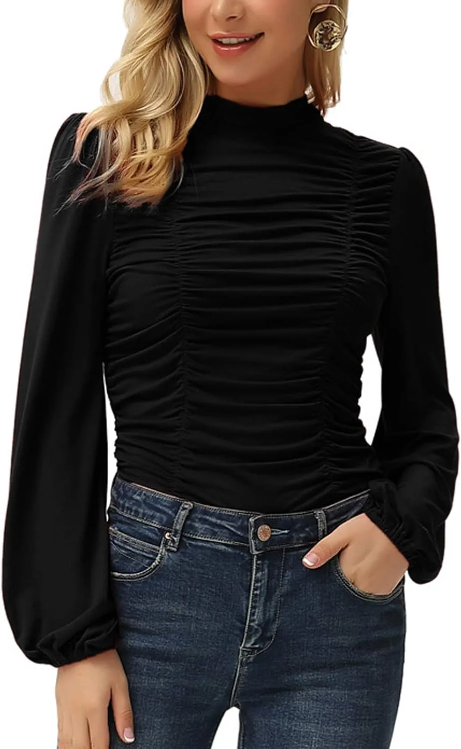 GRACE KARIN Womens Long Lantern Sleeve High-Neck Ruched Front Fitted Blouse