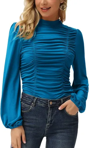 GRACE KARIN Womens Long Lantern Sleeve High-Neck Ruched Front Fitted Blouse