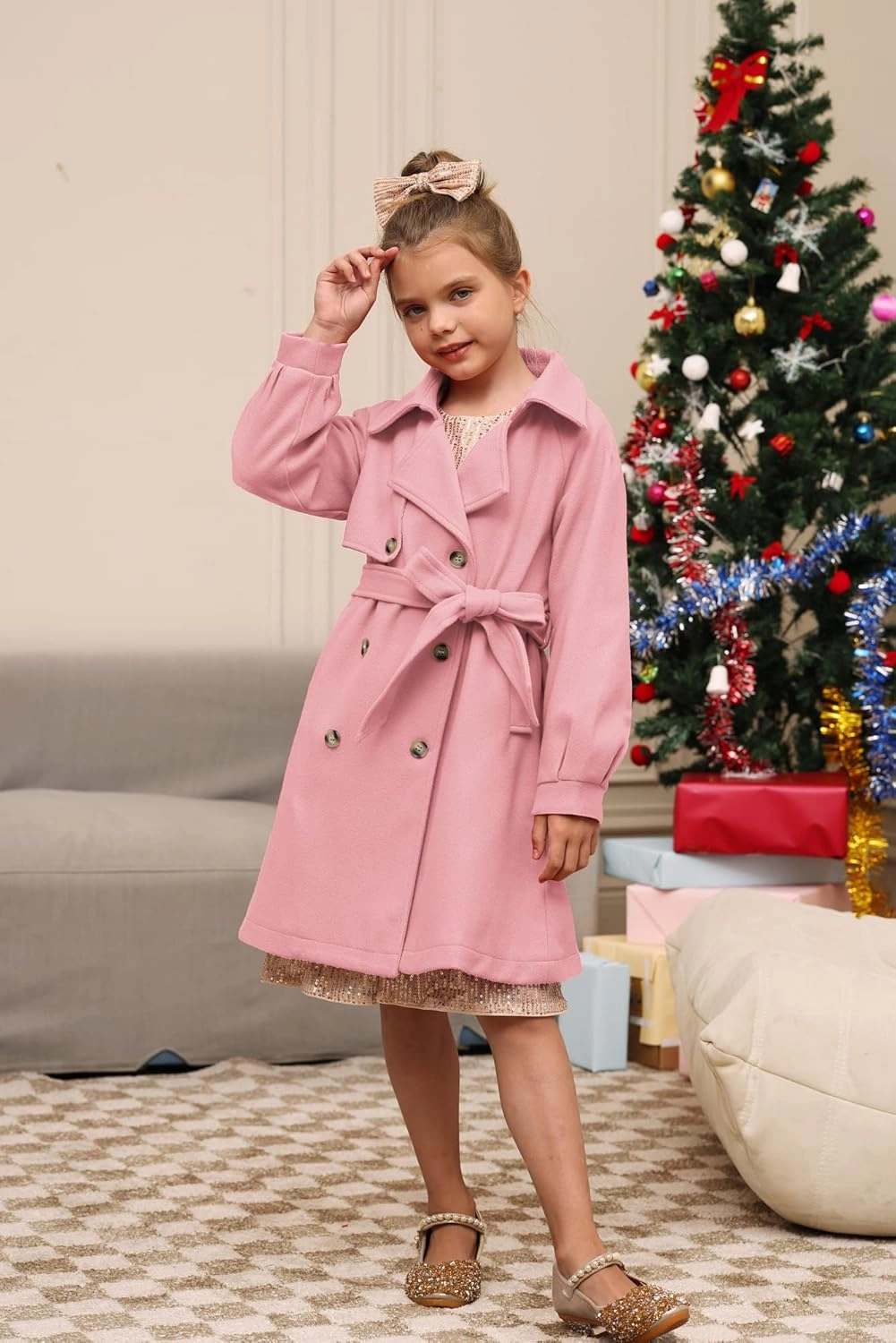 GRACE KARIN Girls Dress Coat Lapel Wool Blend Long Winter Jackets with Pockets Belt 6-14Y