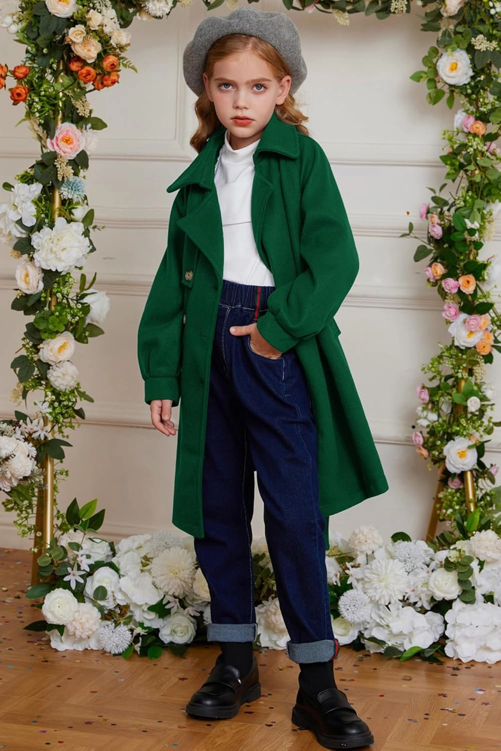 GRACE KARIN Girls Dress Coat Lapel Wool Blend Long Winter Jackets with Pockets Belt 6-14Y