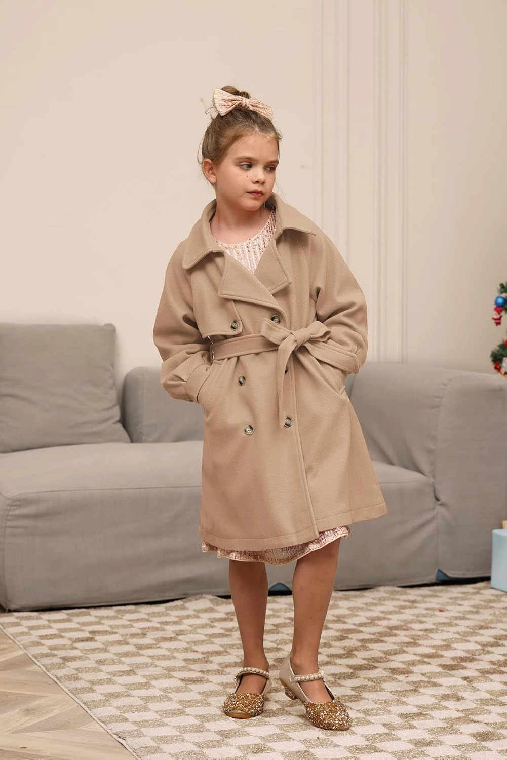 GRACE KARIN Girls Dress Coat Lapel Wool Blend Long Winter Jackets with Pockets Belt 6-14Y