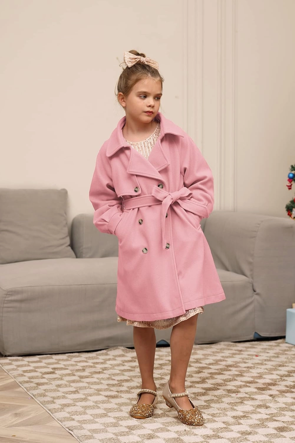 GRACE KARIN Girls Dress Coat Lapel Wool Blend Long Winter Jackets with Pockets Belt 6-14Y
