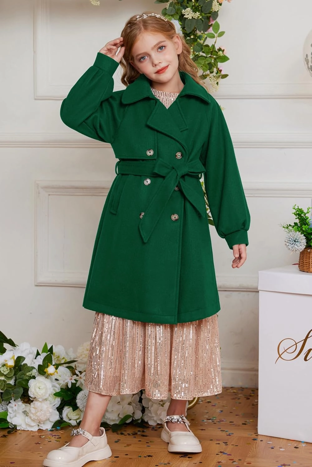 GRACE KARIN Girls Dress Coat Lapel Wool Blend Long Winter Jackets with Pockets Belt 6-14Y