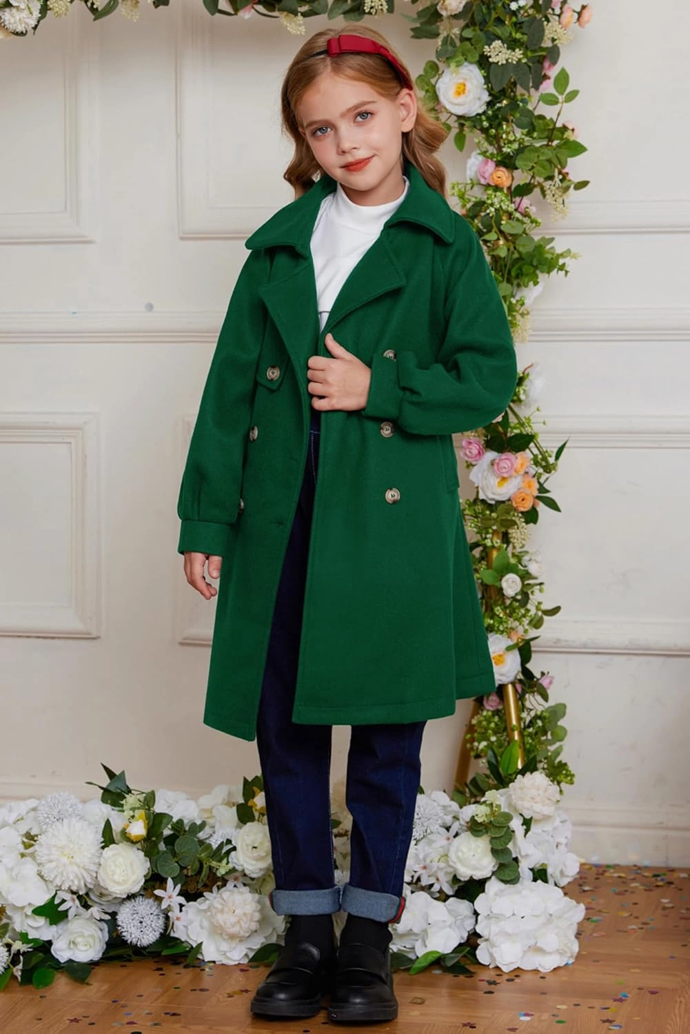 GRACE KARIN Girls Dress Coat Lapel Wool Blend Long Winter Jackets with Pockets Belt 6-14Y
