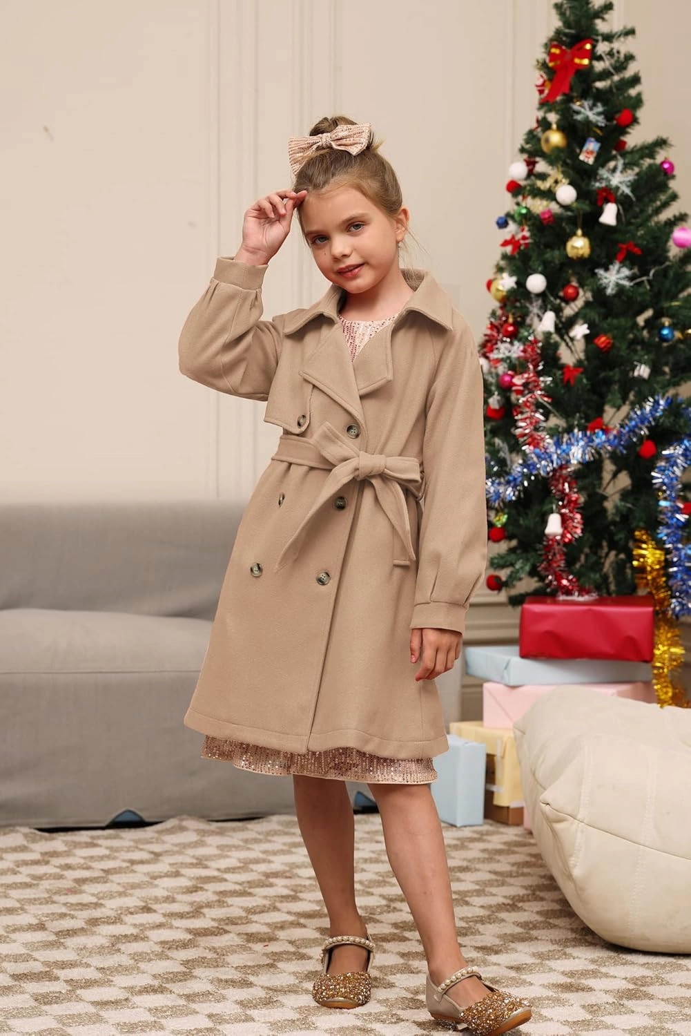 GRACE KARIN Girls Dress Coat Lapel Wool Blend Long Winter Jackets with Pockets Belt 6-14Y