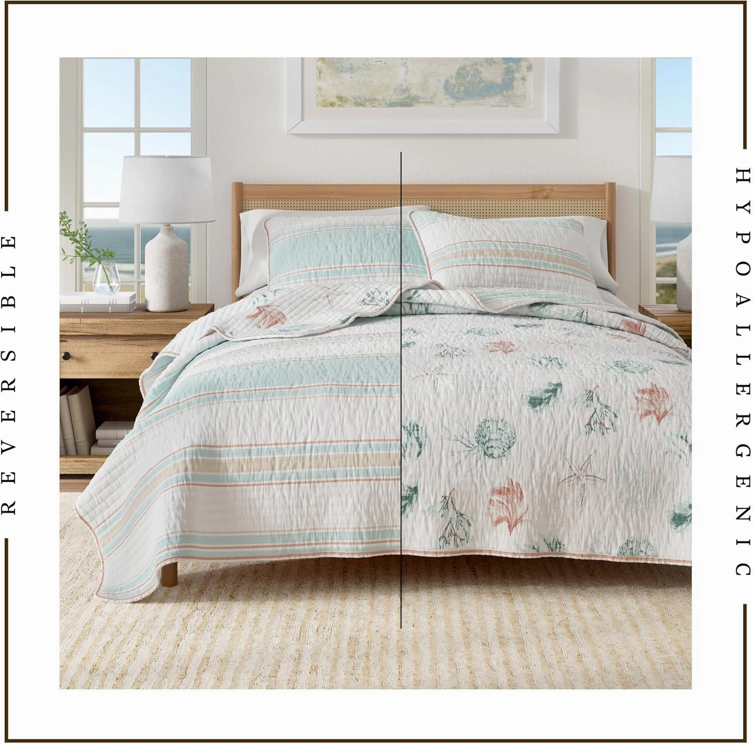 Great Bay Home Full/Queen 100% Cotton Quilt Set with Shams - Reversible Stripe Coastal Prints - Lightweight, Breathable, All-Season Bedding - 3-Piece Queen Bed Set, Flag Stripe/Kelp Breeze