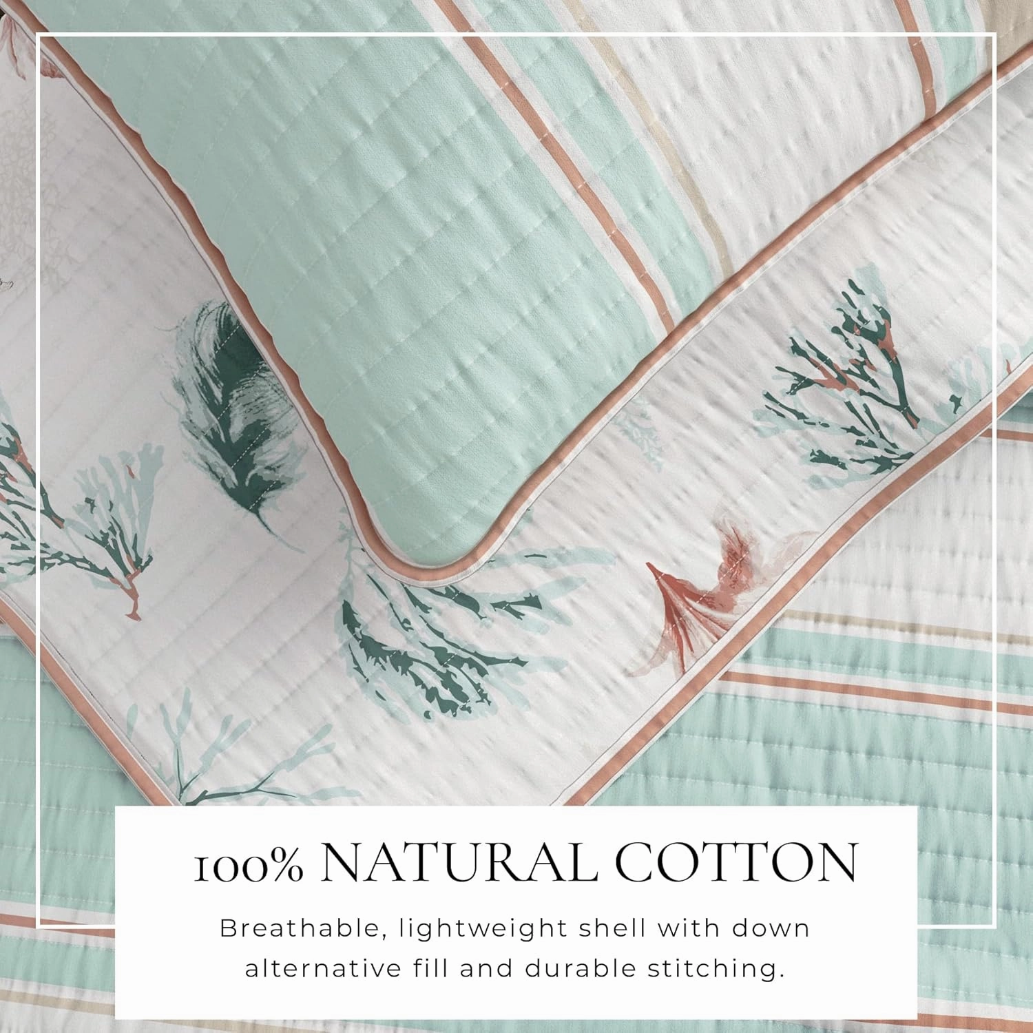 Great Bay Home Full/Queen 100% Cotton Quilt Set with Shams - Reversible Stripe Coastal Prints - Lightweight, Breathable, All-Season Bedding - 3-Piece Queen Bed Set, Flag Stripe/Kelp Breeze