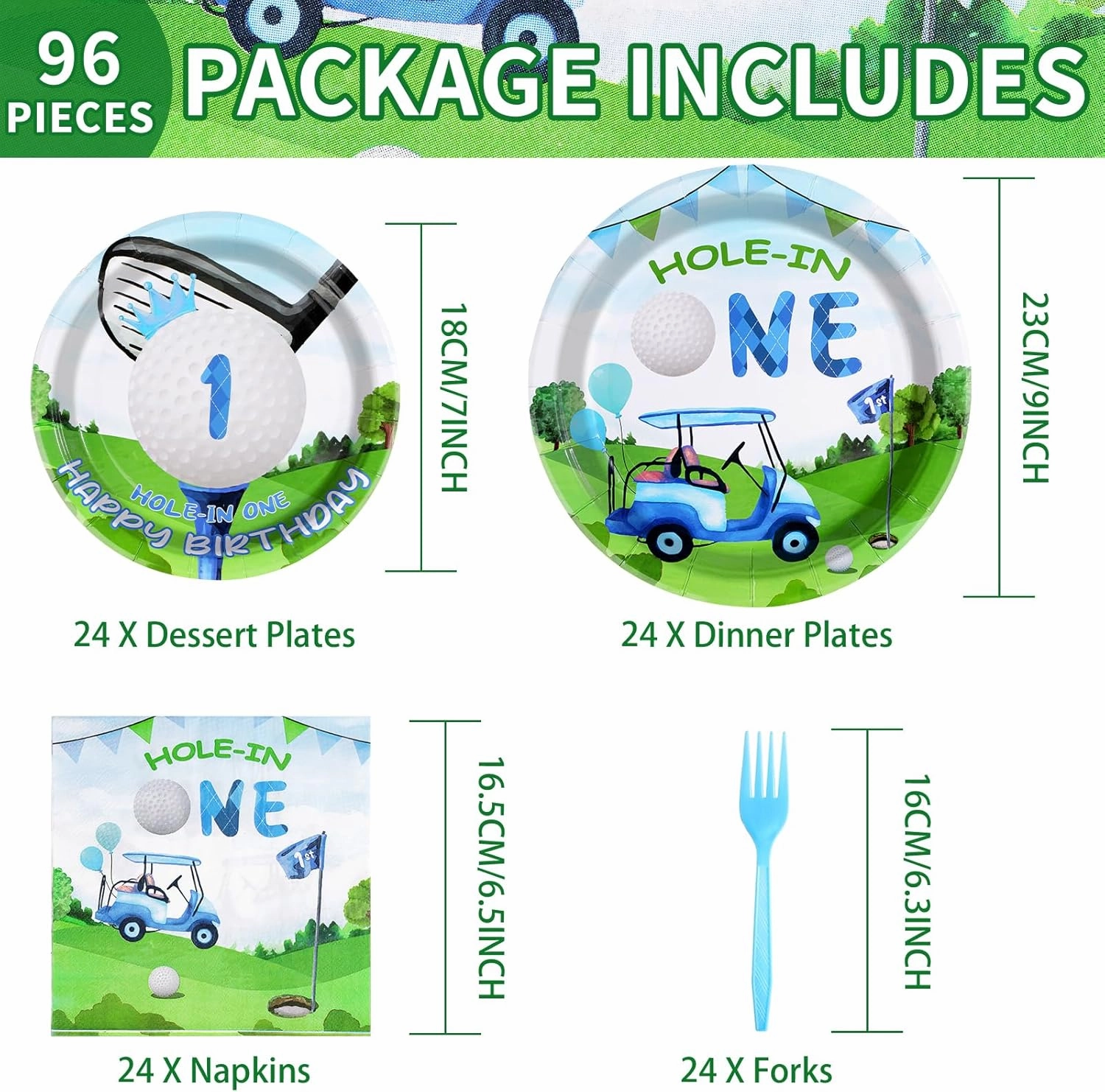 Grencian 96 Pcs Golf First Birthday Party Supplies Hole In One Plates and Napkins Forks Tableware Set for Kids Boys 1st Birthday Party Decorations Golf Ball Sport Game Club Serves 24