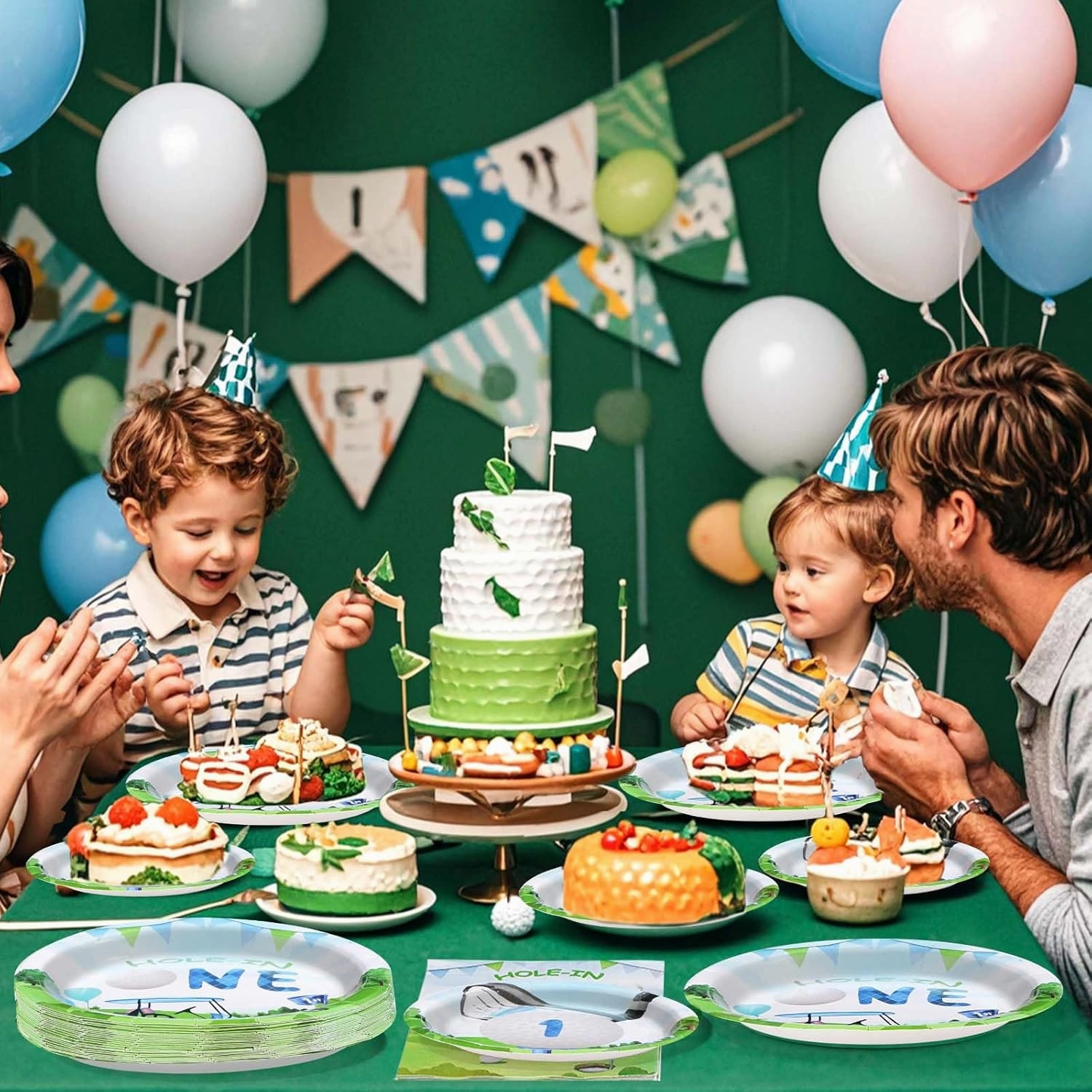Grencian 96 Pcs Golf First Birthday Party Supplies Hole In One Plates and Napkins Forks Tableware Set for Kids Boys 1st Birthday Party Decorations Golf Ball Sport Game Club Serves 24
