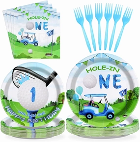 Grencian 96 Pcs Golf First Birthday Party Supplies Hole In One Plates and Napkins Forks Tableware Set for Kids Boys 1st Birthday Party Decorations Golf Ball Sport Game Club Serves 24