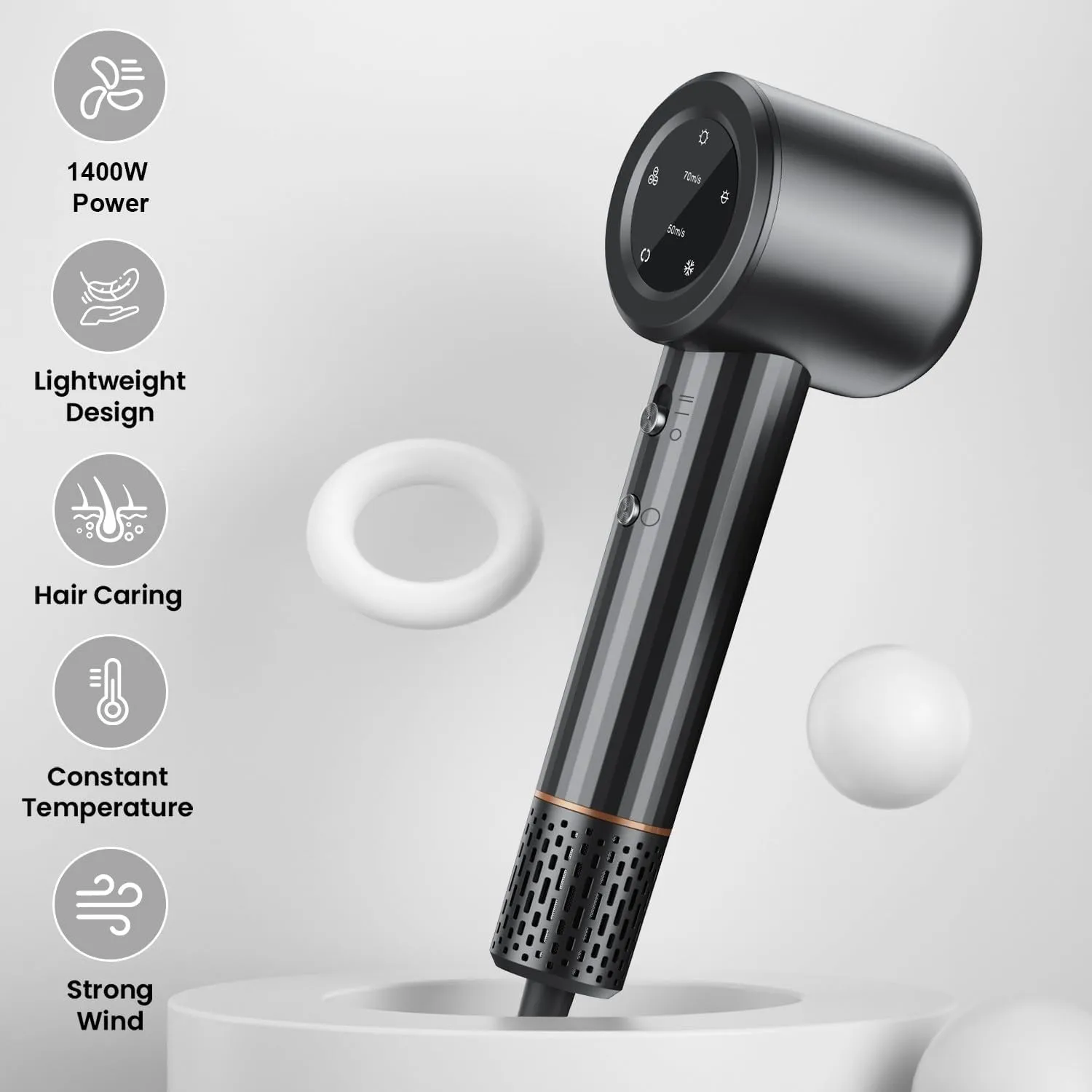 Hair Dryer, Professional High Speed Ionic Blow Dryer for Fast Drying, Powerful 1400W Hairdryer 3Temps /2Speeds, Low Noise Thermo-Control Hairdryer with Nozzle, No Heat Damage, Grey