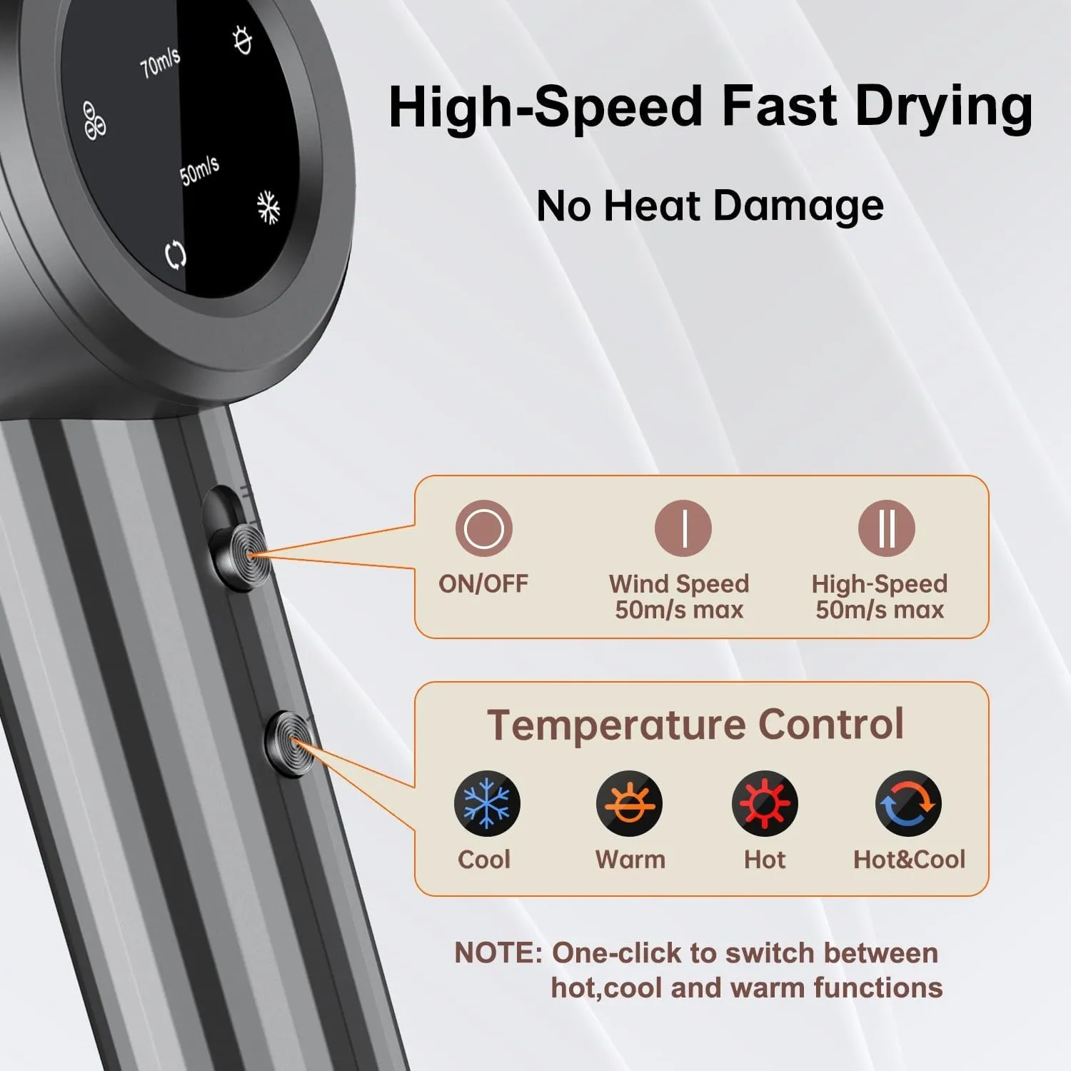 Hair Dryer, Professional High Speed Ionic Blow Dryer for Fast Drying, Powerful 1400W Hairdryer 3Temps /2Speeds, Low Noise Thermo-Control Hairdryer with Nozzle, No Heat Damage, Grey