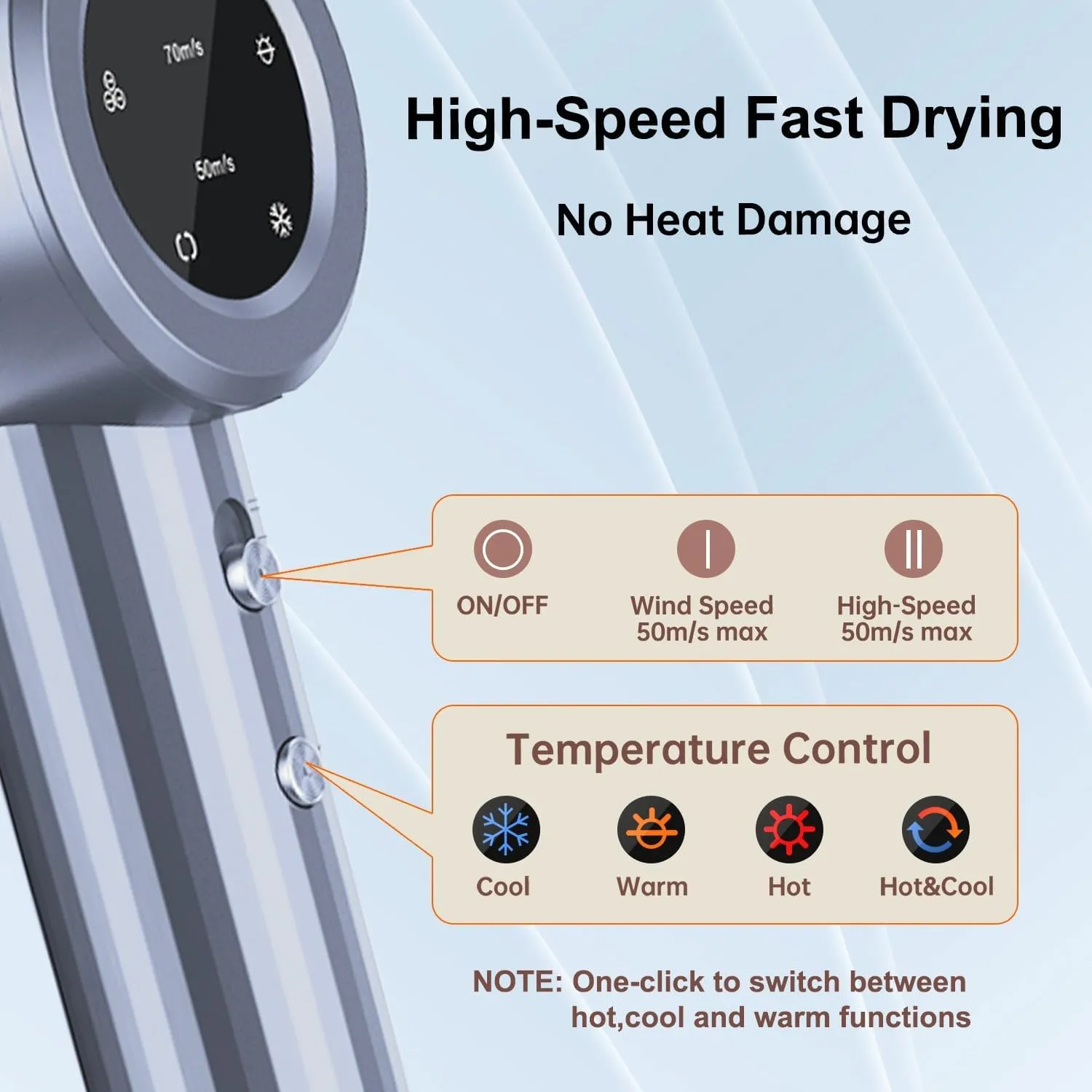 Hair Dryer, Professional High Speed Ionic Blow Dryer for Fast Drying, Powerful 1400W Hairdryer 3Temps /2Speeds, Low Noise Thermo-Control Hairdryer with Nozzle, No Heat Damage, Silver