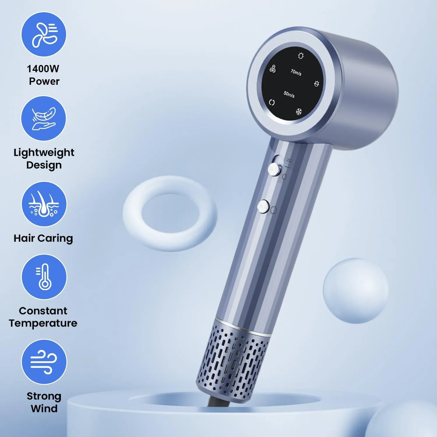 Hair Dryer, Professional High Speed Ionic Blow Dryer for Fast Drying, Powerful 1400W Hairdryer 3Temps /2Speeds, Low Noise Thermo-Control Hairdryer with Nozzle, No Heat Damage, Silver