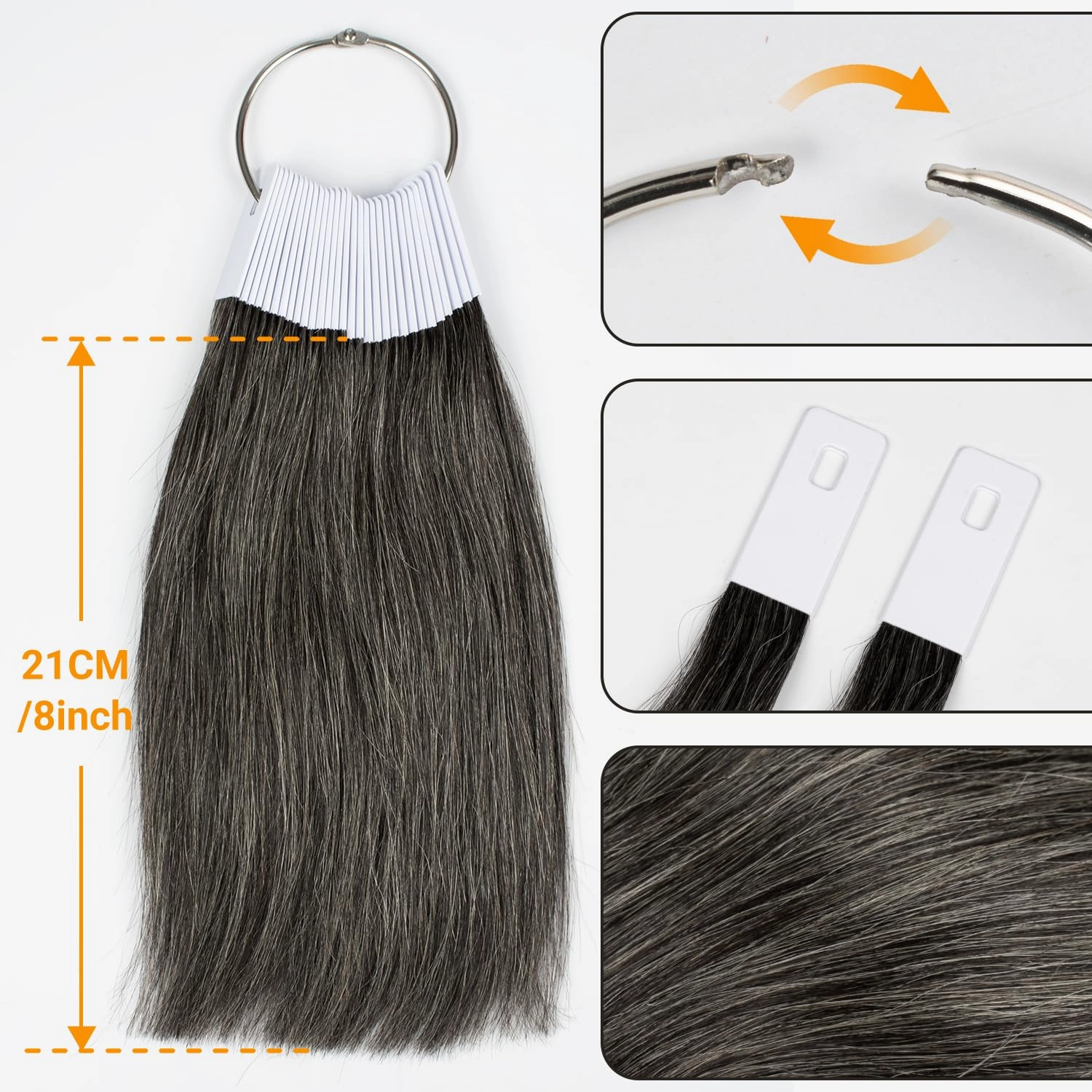 Hair Color Rings - 100% Human Hair Swatches Testing Samples - 8 Inch Grey - 30 PCS/Pack