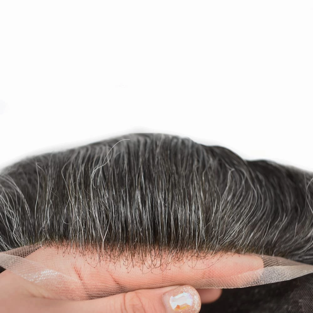 Hair Piece For Men Full French Lace Mens Toupee Human Hair Replacement Systems Bleached Knots Men Toupee Hair Pieces For Men 8x10-100% Light medium density#1B50#1B OFF BLACK 50% GREY