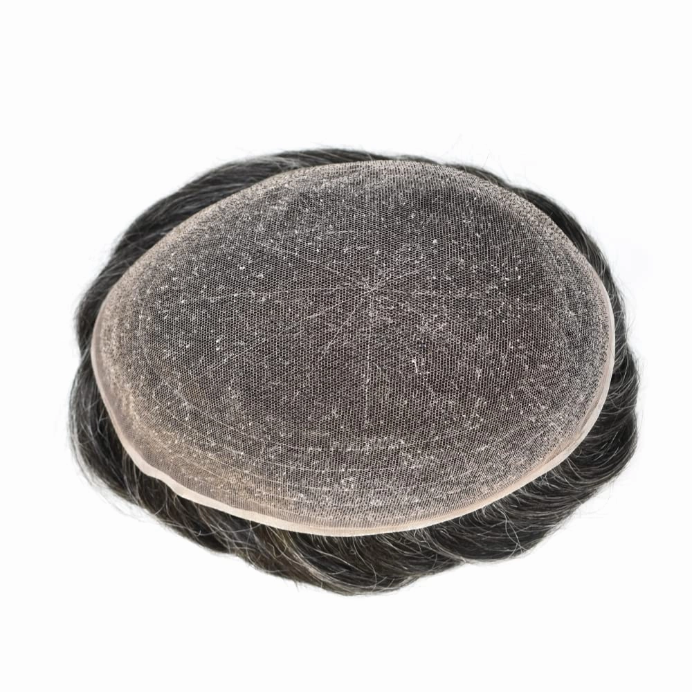 Hair Piece For Men Full French Lace Mens Toupee Human Hair Replacement Systems Bleached Knots Men Toupee Hair Pieces For Men 8x10-100% Light medium density#1B50#1B OFF BLACK 50% GREY