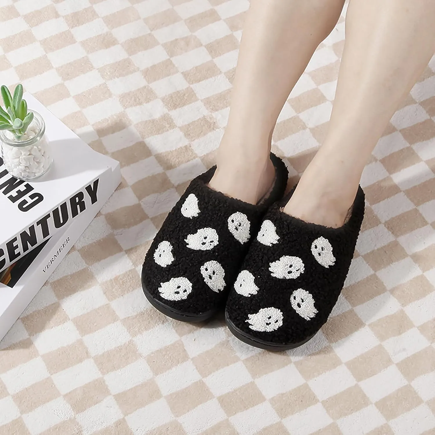 Halloween Pumpkin Slippers for Womens Mens Plush Warm Spooky Lantern Pumpkin Slippers House Shoes
