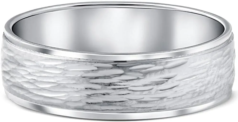 Hand Etched 6mm Dome Wedding Band 10K White Gold