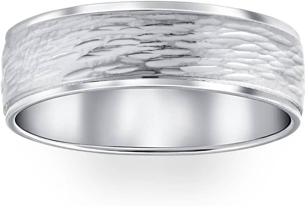 Hand Etched 6mm Dome Wedding Band 10K White Gold