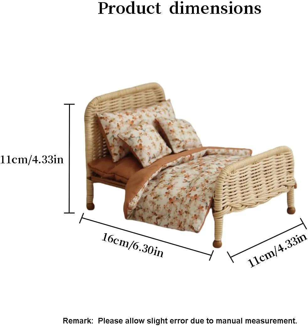 Handcrafted Rattan Bed with Brown Floral Bedding for Dollhouse – Available in Light and Dark Brown – Perfect for Miniature Bedrooms (Light Brown)