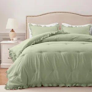 HARBOREST Twin Comforter Set Green - Ruffle Comforter for Twin Size Bed, Fluffy Twin Size Comforter Set for All Seasons, 2 Pieces Shabby Chic Bedding Comforter Sets(1 Comforter & 1 Pillow Sham)