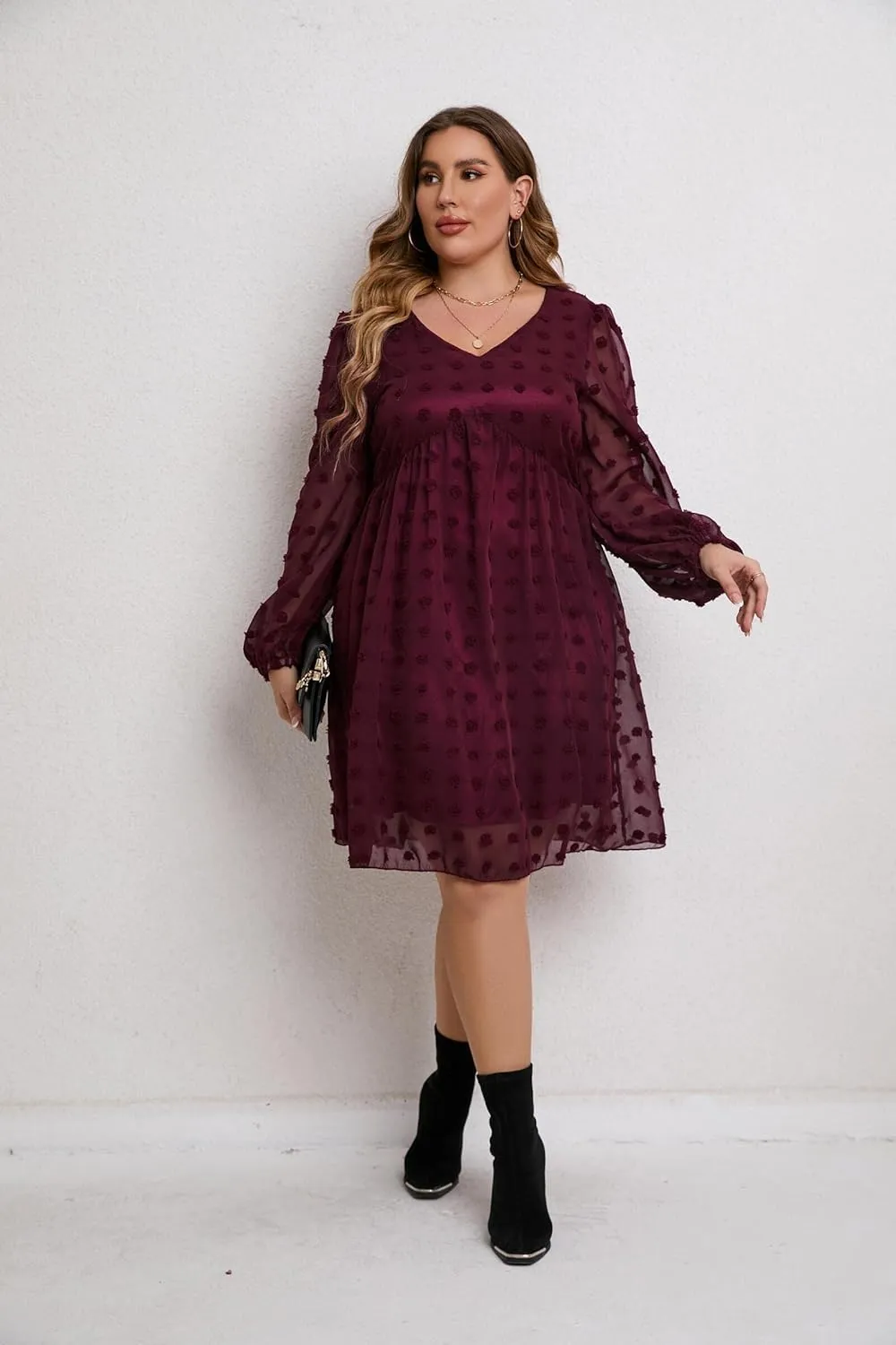 HBEYYTO Women's Summer Short Sleeve Sexy V Neck Flowy Mini Dress Plus Size Casual Dress Swiss Dot Short Loose Fit Sun Dress