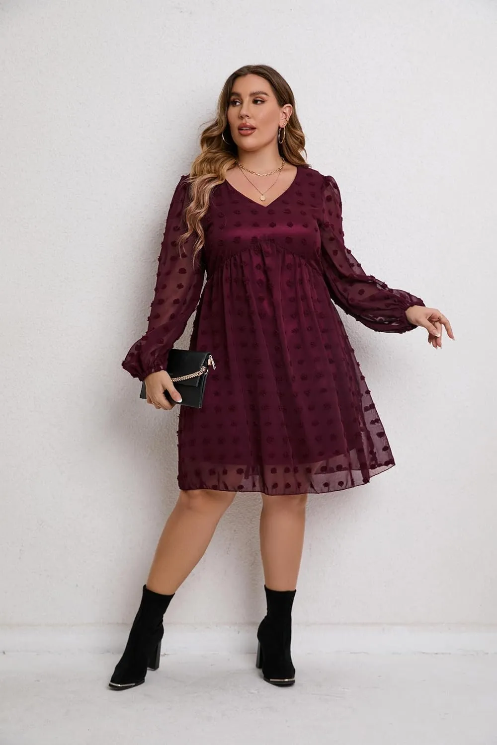 HBEYYTO Women's Summer Short Sleeve Sexy V Neck Flowy Mini Dress Plus Size Casual Dress Swiss Dot Short Loose Fit Sun Dress