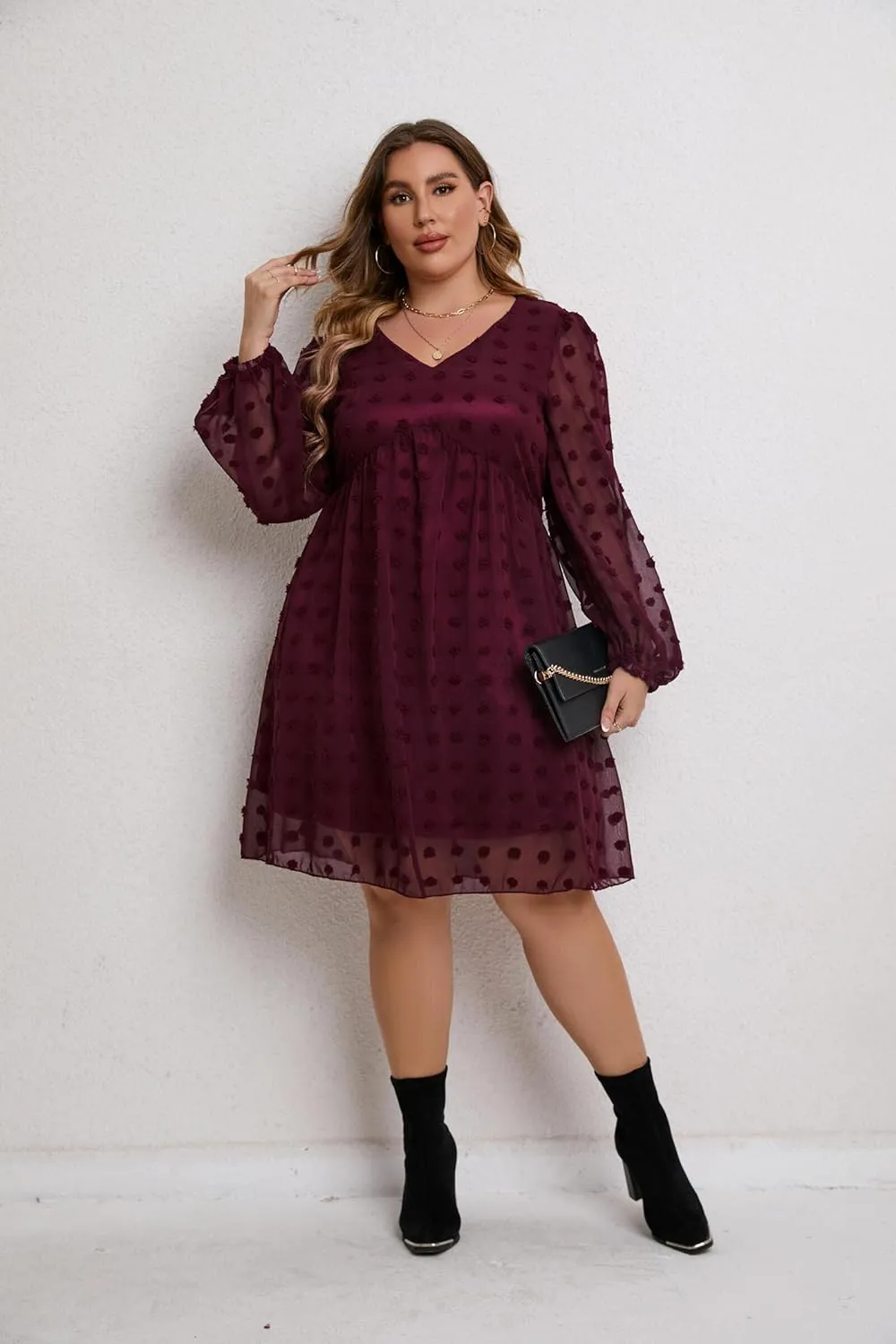 HBEYYTO Women's Summer Short Sleeve Sexy V Neck Flowy Mini Dress Plus Size Casual Dress Swiss Dot Short Loose Fit Sun Dress