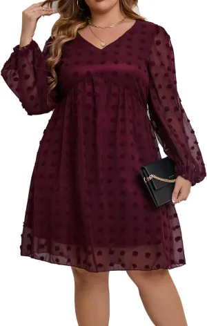 HBEYYTO Women's Summer Short Sleeve Sexy V Neck Flowy Mini Dress Plus Size Casual Dress Swiss Dot Short Loose Fit Sun Dress