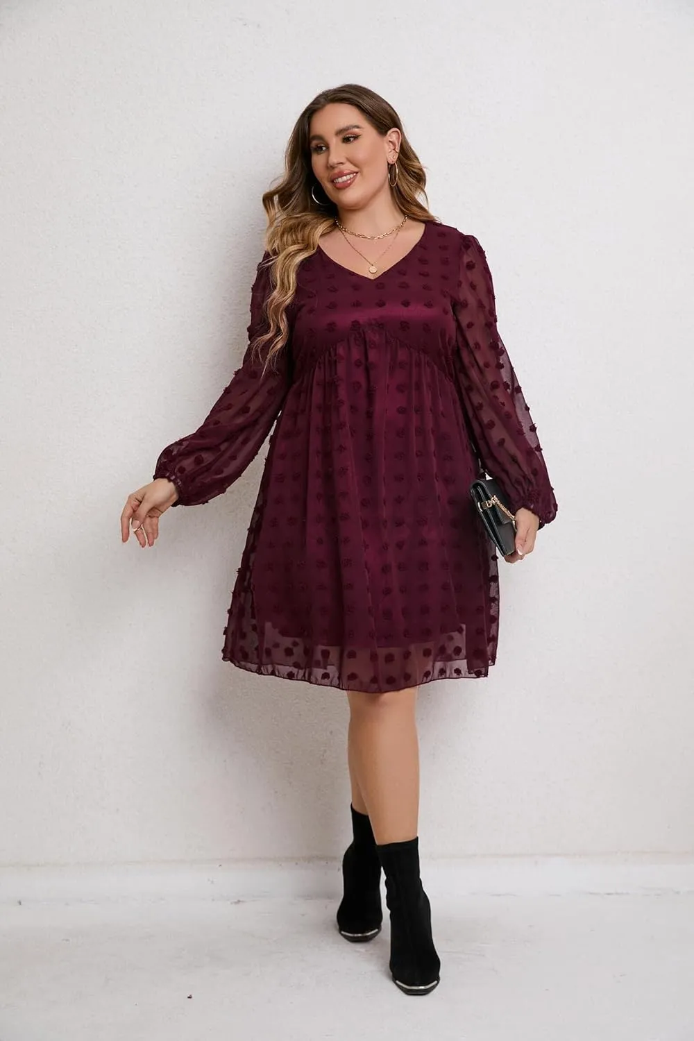 HBEYYTO Women's Summer Short Sleeve Sexy V Neck Flowy Mini Dress Plus Size Casual Dress Swiss Dot Short Loose Fit Sun Dress