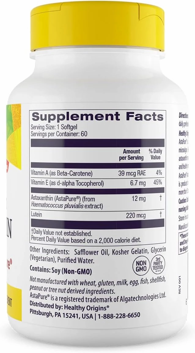 Healthy Origins Astaxanthin 12 mg (Natural, Astapure, Triple Strength, Non-GMO, Gluten Free, Eye Support, Joint Support, Immune Support), 60 Softgels