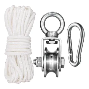 Heavy Duty Cable Single Pulley Block Wheel, with Ball Bearings for Wire Rope, with 32ft(10m) 0.31in(8mm) Nylon Rope and Clip, DIY Pulley System for Gym Equipment Workout, Winch, Lifting, 1Pack
