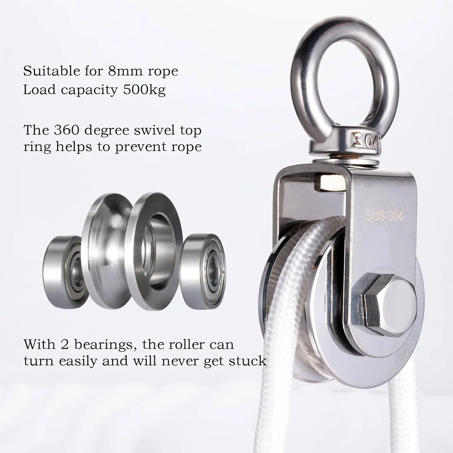 Heavy Duty Cable Single Pulley Block Wheel, with Ball Bearings for Wire Rope, with 32ft(10m) 0.31in(8mm) Nylon Rope and Clip, DIY Pulley System for Gym Equipment Workout, Winch, Lifting, 1Pack