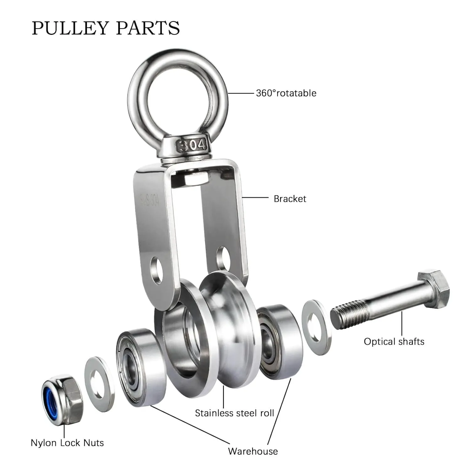 Heavy Duty Cable Single Pulley Block Wheel, with Ball Bearings for Wire Rope, with 32ft(10m) 0.31in(8mm) Nylon Rope and Clip, DIY Pulley System for Gym Equipment Workout, Winch, Lifting, 1Pack