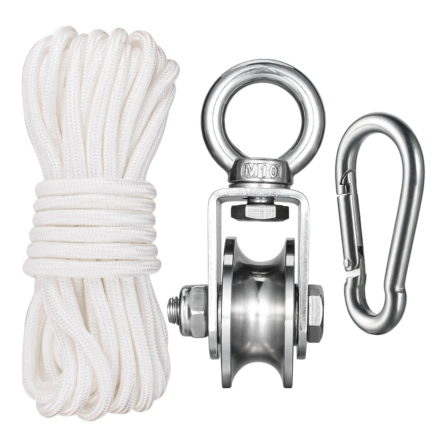 Heavy Duty Cable Single Pulley Block Wheel, with Ball Bearings for Wire Rope, with 32ft(10m) 0.31in(8mm) Nylon Rope and Clip, DIY Pulley System for Gym Equipment Workout, Winch, Lifting, 1Pack