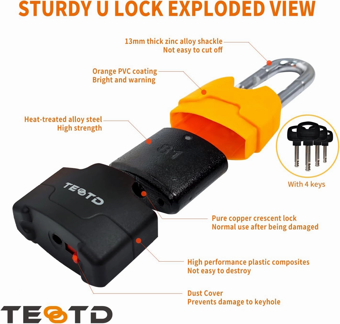 Heavy Duty Anti-Theft Motorcycle Chain Lock - 3ft/90cm Long, 10mm Thick Chain with Bright-Colored Lock, 4 Keys for Bicycle, Scooter (5.95lbs)